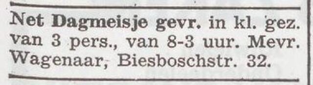 Advertentie van Hendrina Wagenaar-Duveen