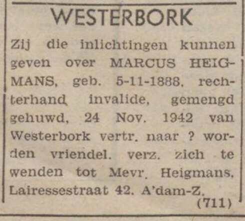 Advertentie met verzoek om inlichtingen over Marcus Heigmans in de krant  Paraat van 14 juli 1945.