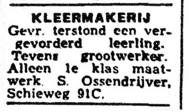 Advertentie van Simon Ossendrijver in  Rotterdamsch Nieuwsblad 18 november 1940