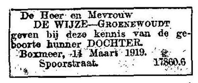 Advertentie van het echtpaar De Wijze-Groenewoudt bij de geboorte van hun dochter Sybilla (Elly)