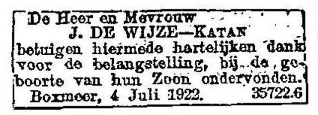 Advertentie van het echtpaar De Wijze-Katan