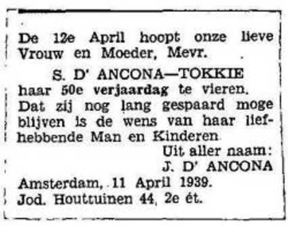 Advertentie voor de 50e verjaardag van Sara Ancona-Tokkie