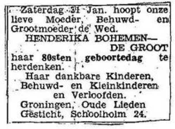 Advertentie voor de 80e verjaardag van Henderika Bohemen-de Groot