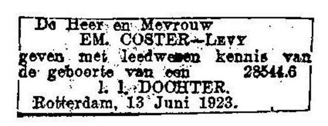 Advertentie waarin het echtpaar Coster-Levy kennis geeft van de geboorte van een levenloze dochter