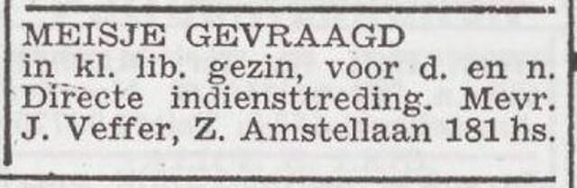 Advertentie 'personeel gevraagd' van het gezin Joseph Veffer