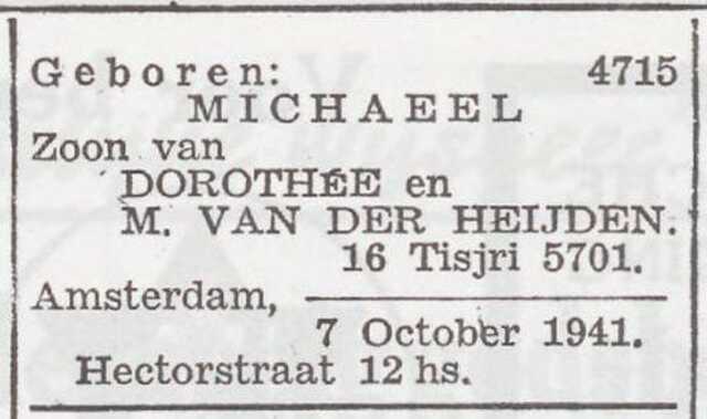 Bekendmaking van de geboorte van Michael van der Heyden