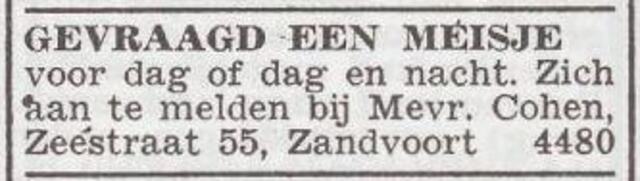 Advertentie 'personeel gevraagd' van Mietje Cohen-Velleman