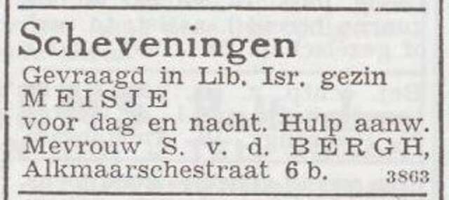 Advertentie 'personeel aangeboden' van het gezin Simon van den Bergh
