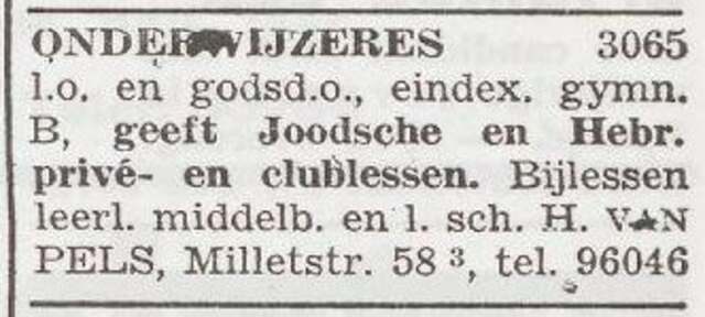 Advertentie van lerares Henriette van Pels