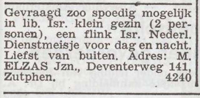 Advertentie 'personeel gevraagd' van het gezin Mozes Elzas