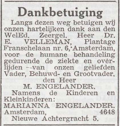 Dankbetuiging van de familie Engelander