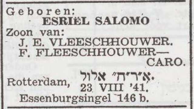 Bekendmaking van de geboorte van Esriël Salomo Vleeschhouwer