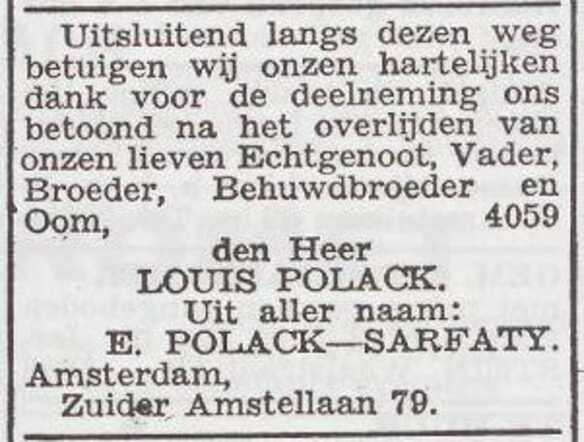 Dankbetuiging van de familie Polack