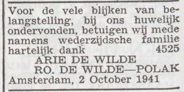 Dankbetuiging van Arie en Rosina de Wilde-Polak