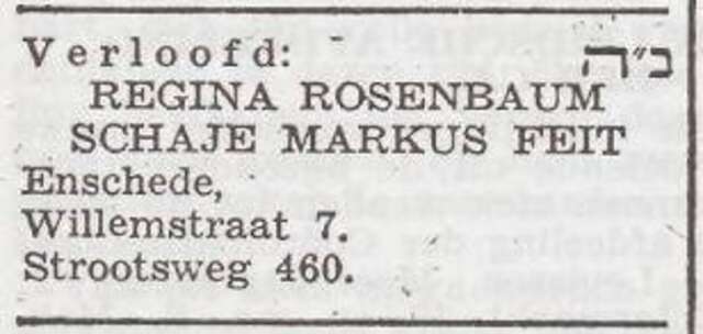 Bekendmaking van de verloving van Rebekka Rosenbaum en Sjaje Markus Feith