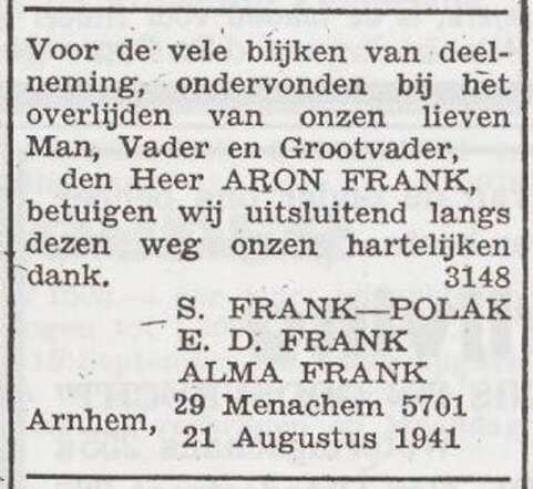 Dankbetuiging van de familie Frank