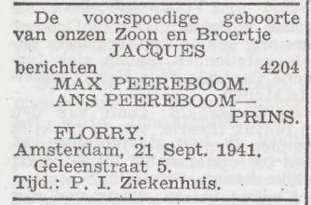 Bekendmaking van de geboorte van Jacques Peereboom