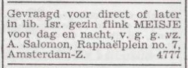 Advertentie 'personeel gevraagd' van Alfred Salomon