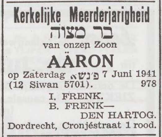 Aankondiging van de bar mitswa van Aäron Frenk