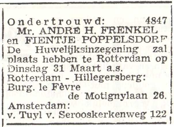 Vermelding van ondertrouw van Sophie Regina Poppelsdorf en Andries Hessel Frenkel