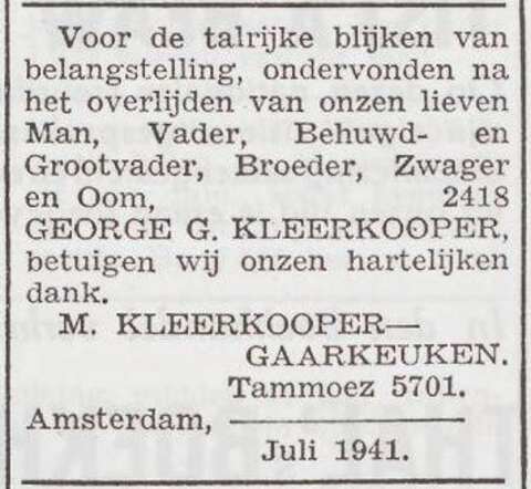 Dankbetuiging van de familie Kleerkoper