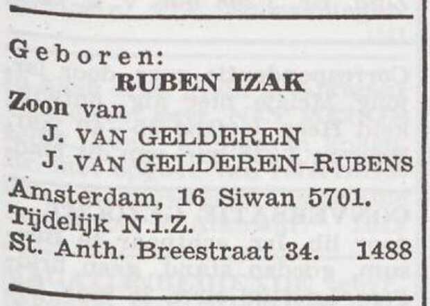 Bekendmaking van de geboorte van Ruben Izak van Gelderen