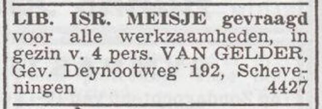 Advertentie 'personeel gevraagd' van het gezin Louis van Gelder