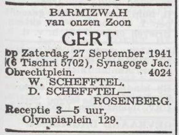 Aannkondiging van de bar mitswa van Gert Josef Schefftel
