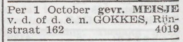Advertentie 'personeel gevraagd' van het gezin Gokkes