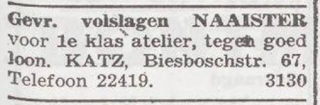 Personeelsadvertentie van Margot Katz-Moser