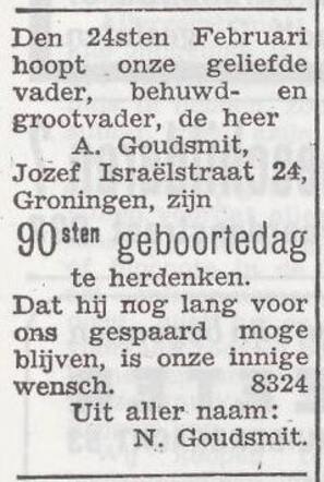 Aankondiging van de viering van de 90ste verjaardag van Abraham Goudsmit