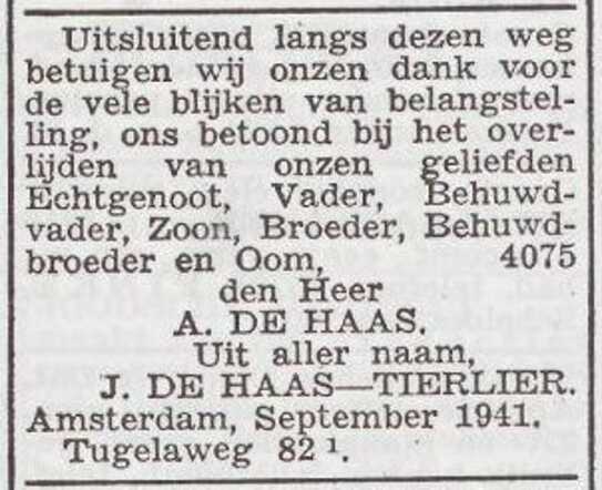Dankbetuiging van de familie De Haas