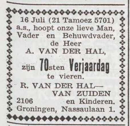 Viering 70ste verjaardag van Abraham van der Hal