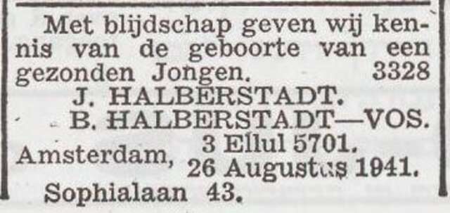Bekendmaking van de geboorte van Joseph Nathan Halberstadt