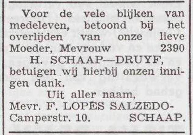 Dankbetuiging van de familie Schaap