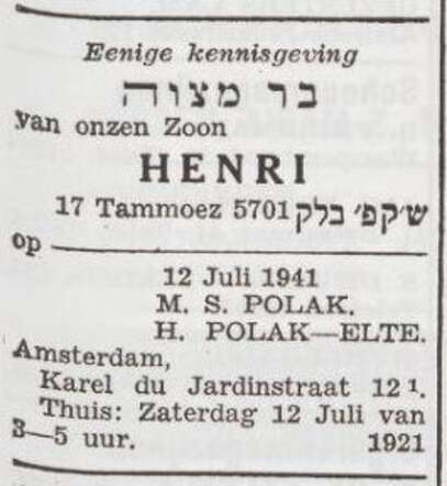 Aankondiging van de bar mitswa van Henri Polak
