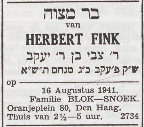 Aankondiging van de bar mitswa van Herbert Fink