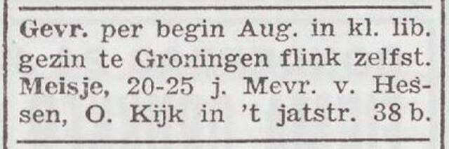 Advertentie van Johanne van Hessen-de Beer