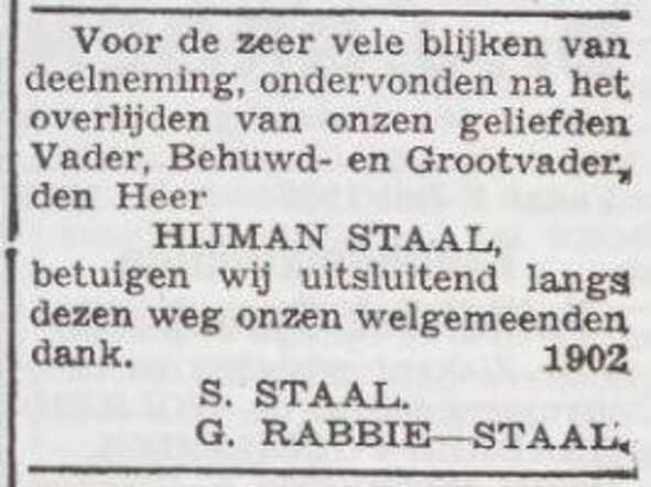 Dankbetuiging van de familie Staal