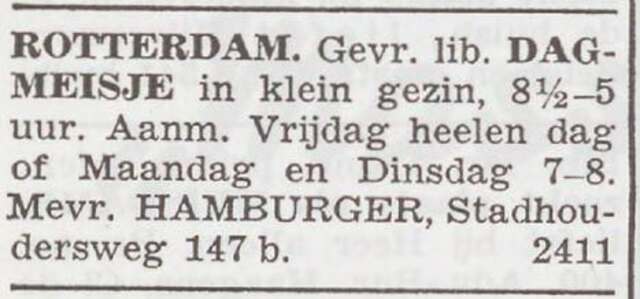 Advertentie van Hendrika Hamburger-Cohen