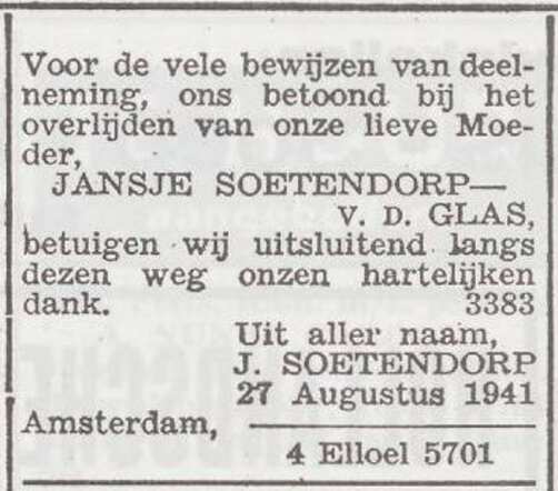 Dankbetuiging van de familie Soetendorp