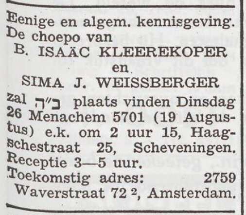 Aankondiging van de huwelijksinzegening van Baruch Kleerekoper en Sima Weissberger