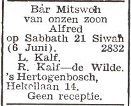 Aankondiging van de bar mitswa van Alfred Jacques Kalf