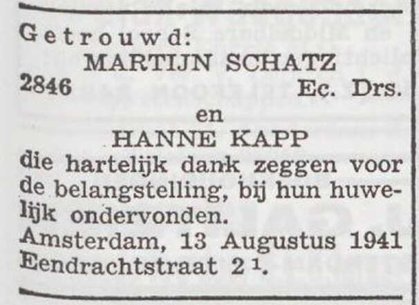 Dankbetuiging  van Johanna en Martijn Schatz