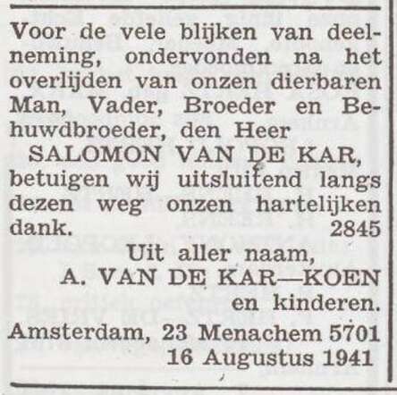 Dankbetuiging van het gezin Van de Kar