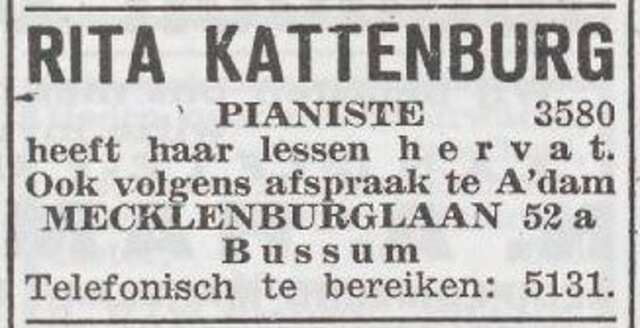 Advertentie van pianiste Rita Kattenburg