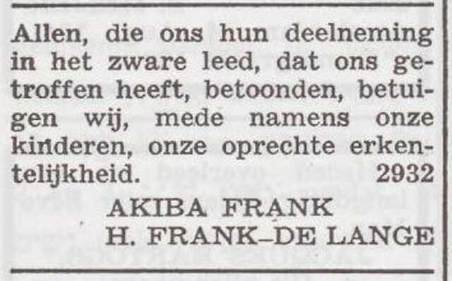 Dankbetuiging van het gezin Akiba Frank