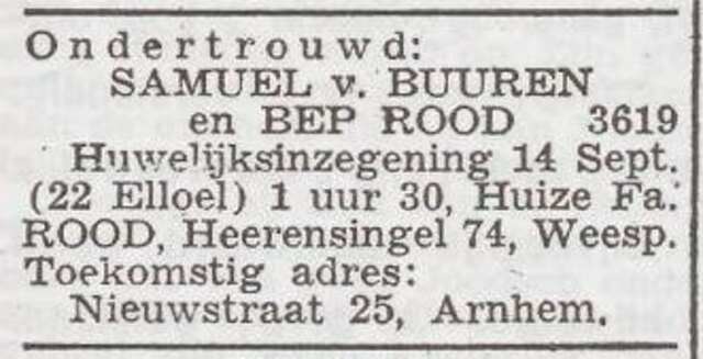 Bekendmaking van ondertrouw van Samuel van Buuren en Betje Rika Rood