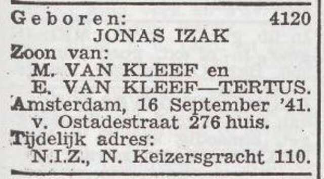 Bekendmaking van de geboorte van Jonas Izak van Kleef