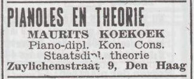 Advertentie van muziekleraar Maurits Koekoek
